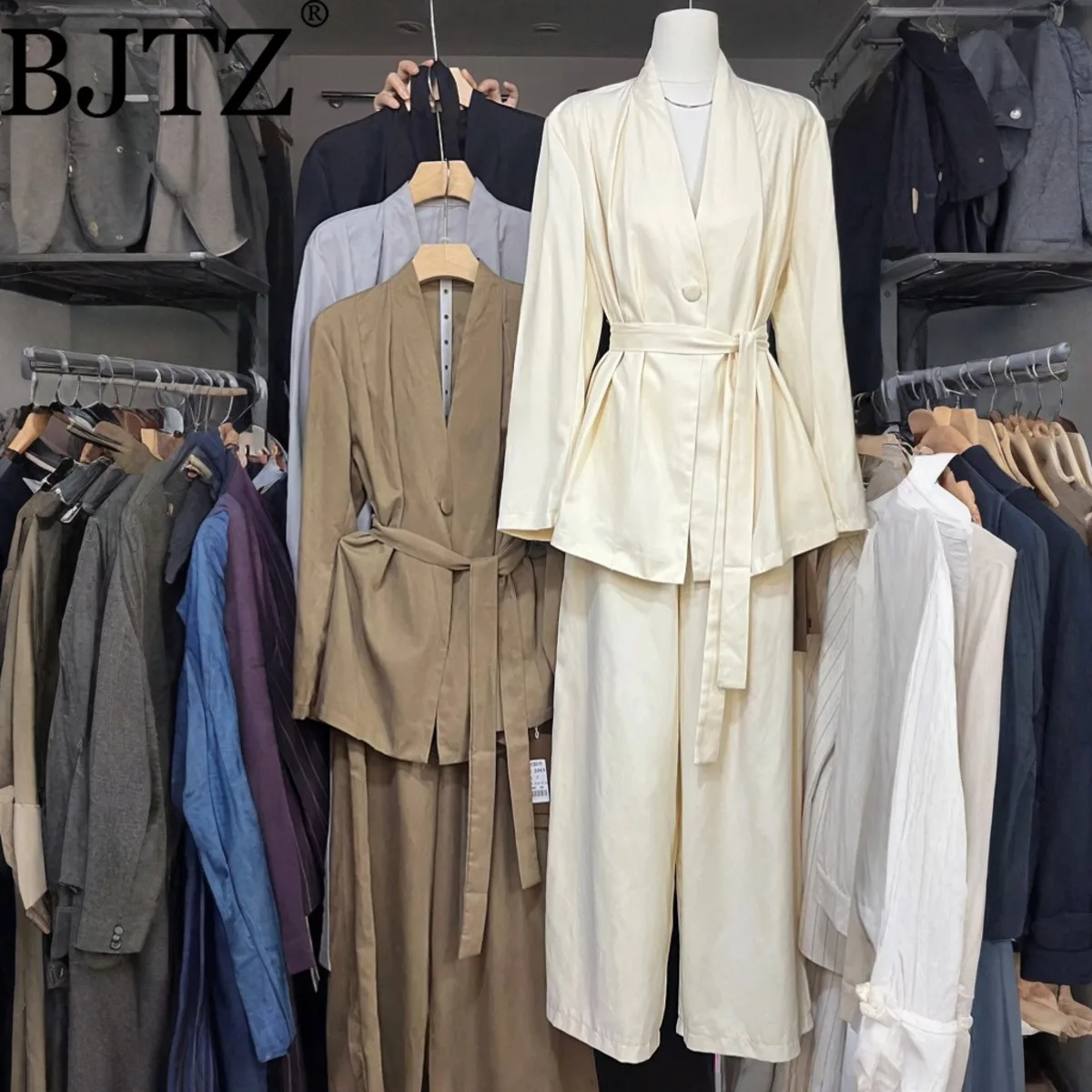 

BJTZ Lace-up Tie-waist Solid Top Jacket+wide Leg Casual Straight Pant For Woman 2025 Spring Autumn New Loose Female Sets
