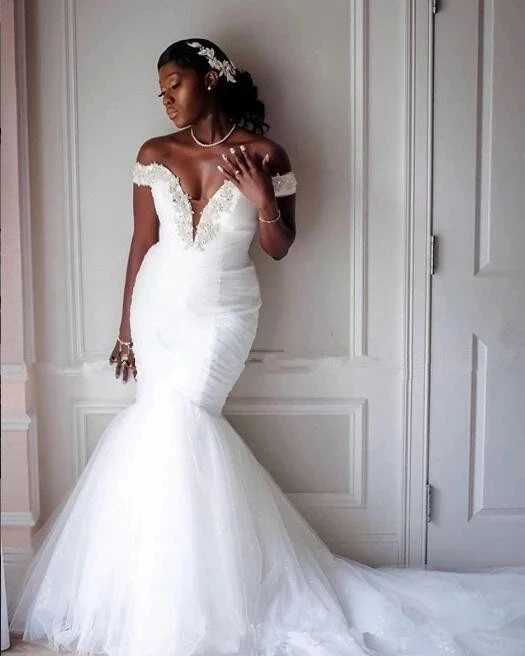 

ANGESBRIDEP Mermaid Wedding Dresses Off-shoulder Glamorous African Cascading Ruffles Tulle Robe De Mariee Formal Bridal Gowns