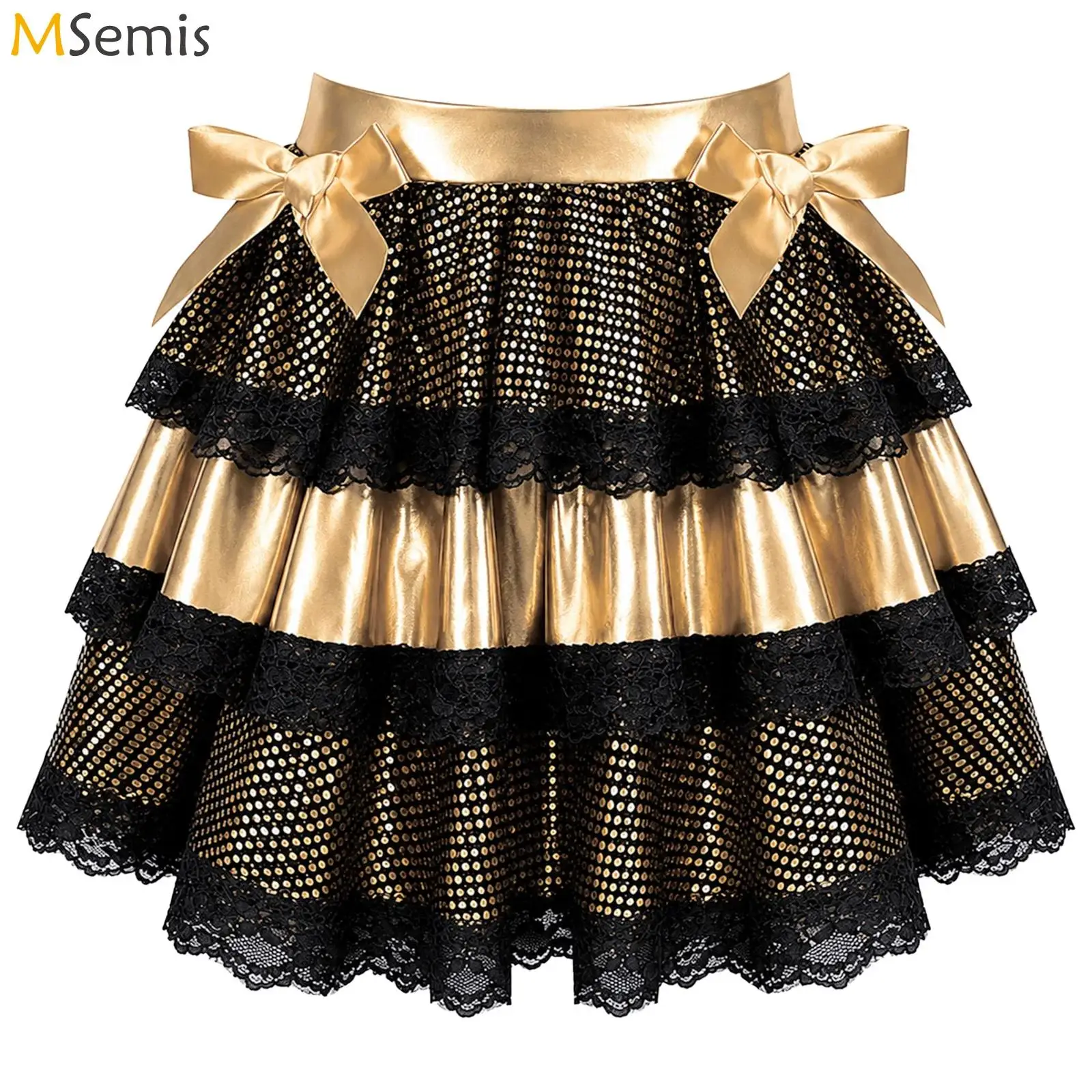 Kids Girls Lace Trim Tiered Ruffled A-line Skirt for Jazz Dancing Bowknots Elastic Waistband Sequin Dots Mini Skirt
