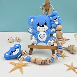 Personalized English Wooden Letters Name Baby Bear Silicone Pendant Pacifier Clips Chains Holder Teether Baby Kawaii Toy Gifts