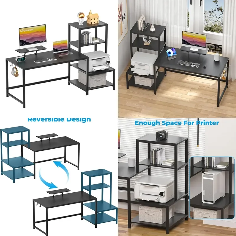 Modern Minimalist Desk with Storage Shelf Printer Stand Elevated Surface Home Office Study Gaming Table Compact Design