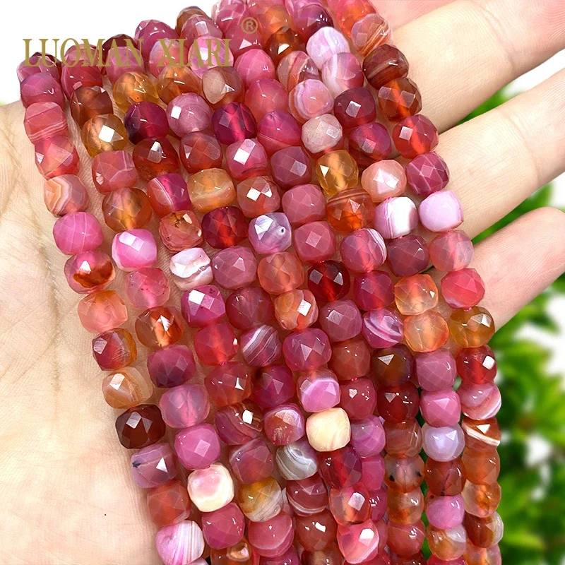 حبات من الحجر الطبيعي لصنع الحلي ، مربعة الأوجه ، عقيق أحمر وردي ، فاصلة مكعبات فضفاضة ، أساور ذاتية الصنع ، إكسسوارات سحر ، 7-8 #1