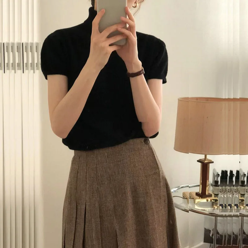 

Soft Cozy High Collar Short Sleeve Knitted Base Shirt Women's Inner Wear T-Shirt Spring Autumn Fashionable Pure Color Top