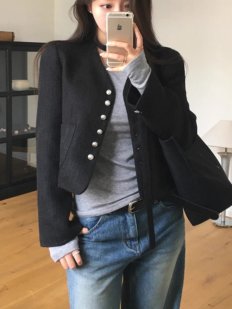 

Ele V-Ne Hanging Ne Sa Long Sve Thiened Woolen ort Coat for Women Sli Commute Sle Loose Fit Button Clo...