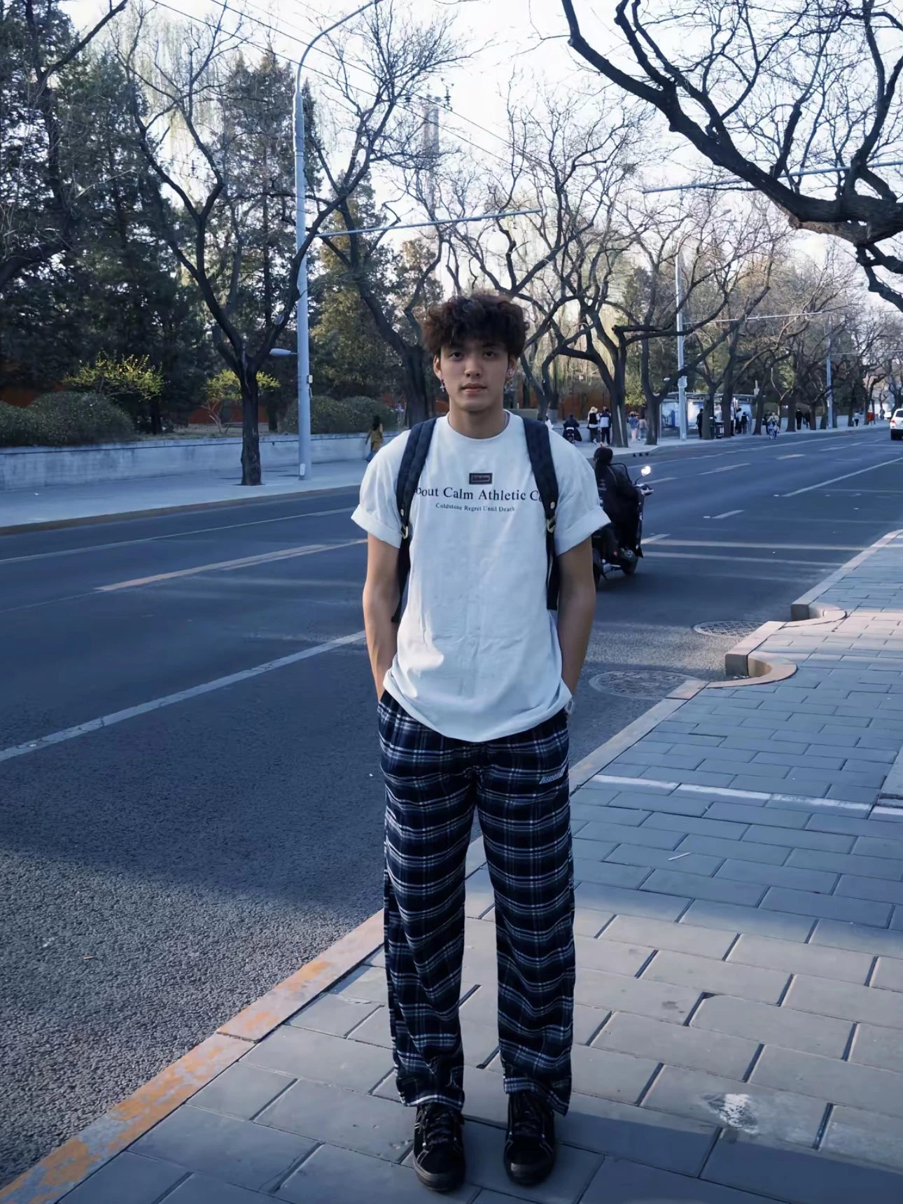 미국 레트로 자수 블루 체크 와이드 레그 팬츠 남성 캐주얼 루즈 데일리 레이지 스트레이트 레그 트렌디 여름 롱 팬츠