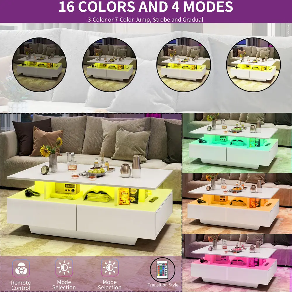 Weißer Hochglanz-Couchtisch mit LED-Licht und 4 Schubladen für das Wohnzimmer