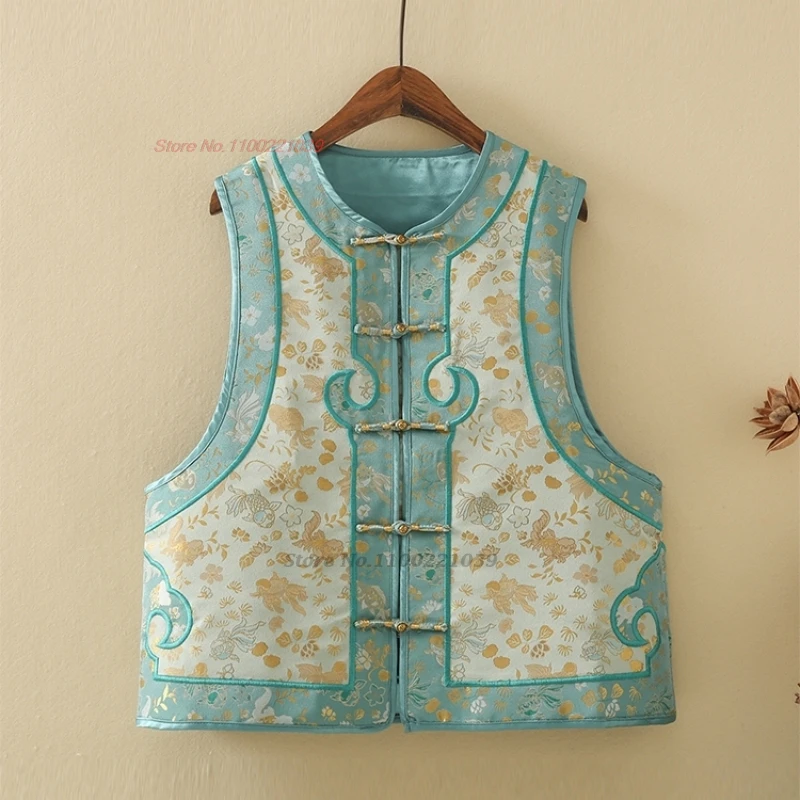 

2024 chinese vintage vest traditional satin jacquard o-neck vest retro hanfu tops sleeveless jacket ethnic tang suit folk vest