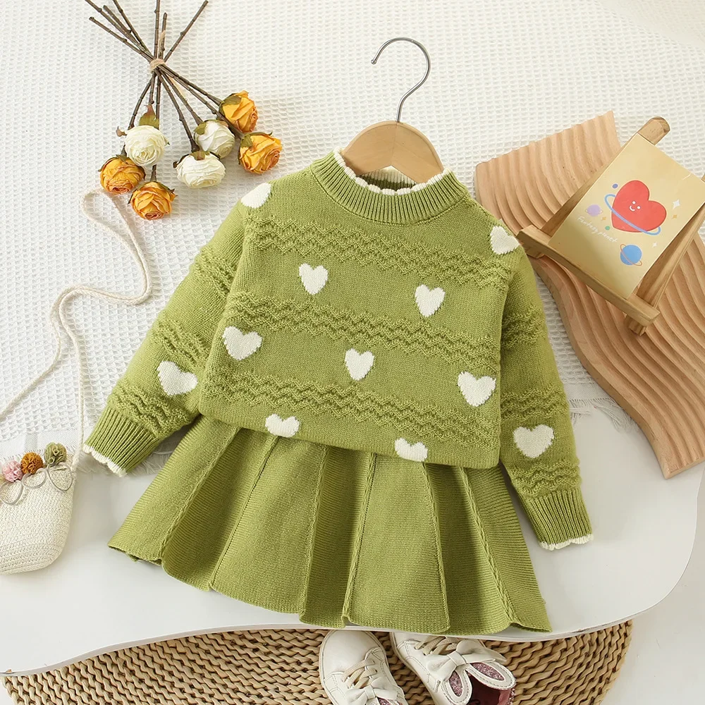 Girls\' Two-piece Sweater Set Full of Love Wave Pattern Sweater+Knit Pleated Skirt Kids Clothes Girls Sweater  Girl Cardigan Kids