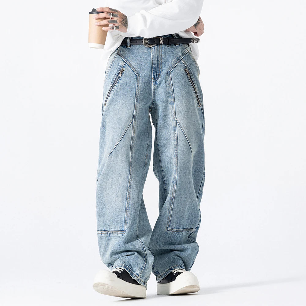 Splice Zipper Denim Pant Jeans Men Streetwear Fashion Loose Casual Plus Size Wide Leg Cargo Machete Pants Baggy Jeans Trousers