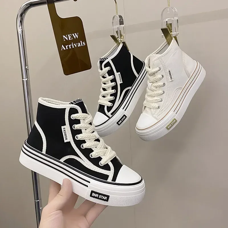 Women Autumn 2024 New Fashion Thick Platform Leisure Sports Shoe White Sneakers Breathable Casual High Top Canvas Shoes 40