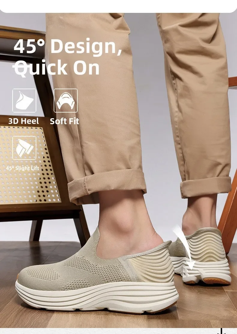New Men Wide Toe Slip On Mesh Sneakers Breathable Thick Sole Shock Absorbing Walking Shoes Casual Commuting Shoes