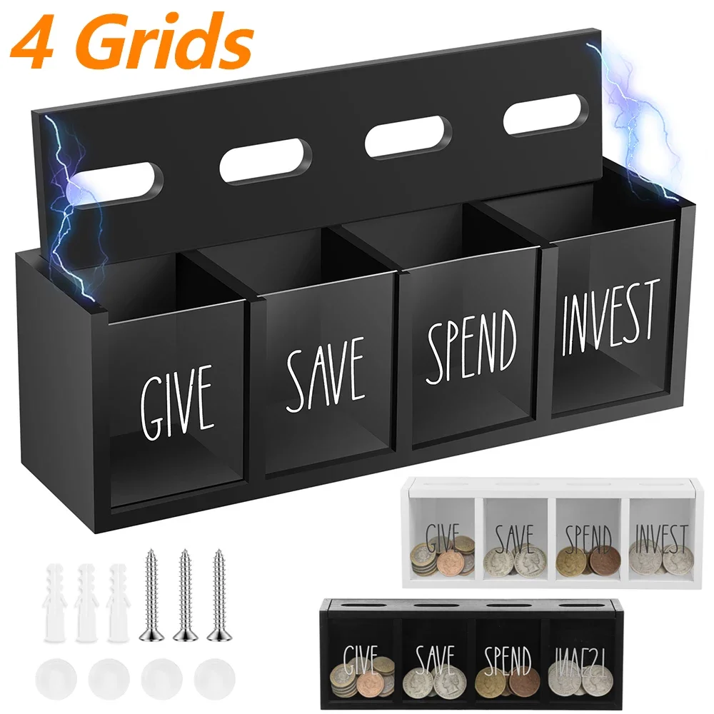 4 Grids Give Save Spend Wooden Daily Cash Piggy Bank Wall-mounted Kid Save Spend Bank with Magnetic Lid Visualized Piggy Bank