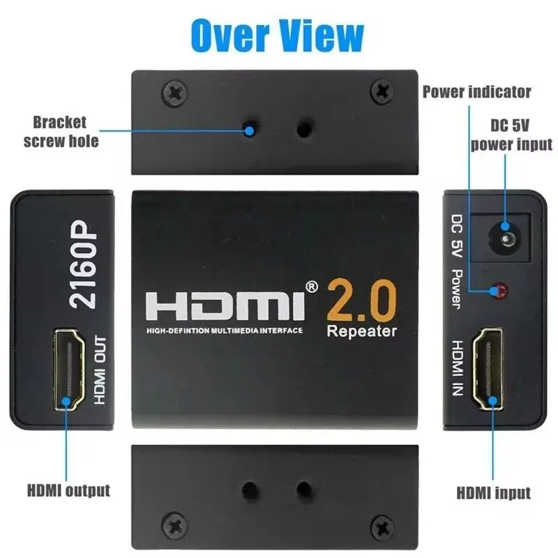 HDMI Booster 2.0 4K2K 1080P 3D HDMI Amplifier Repeater HDMI Powered Signal Amplifier Booster 18Gbps Bandwidth HDCP 2.2 Up to 30m