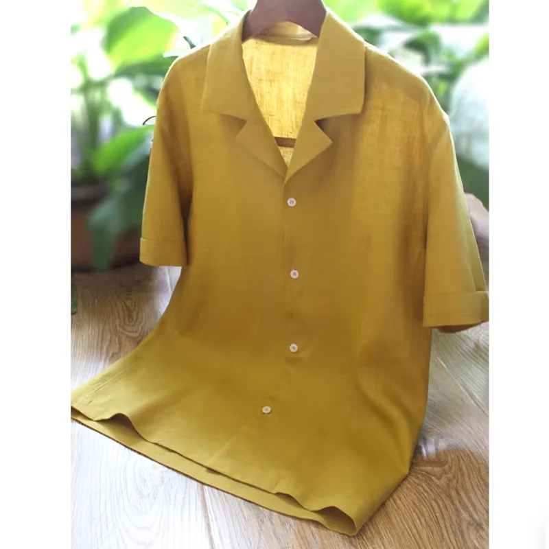All Linen Men's Short Sleeved Shirt American Retro Casual Loose Cuban Collar Shirt
