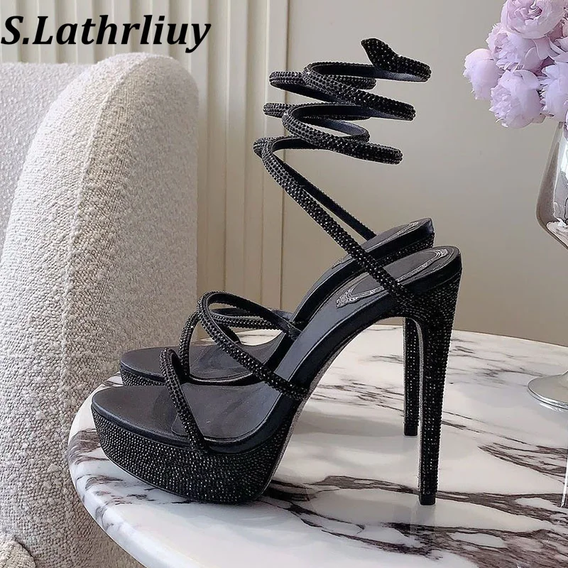 New Summer rhinestone waterproof platform high-heeled sandals women with thin straps wrapped around ankles party dress shoes
