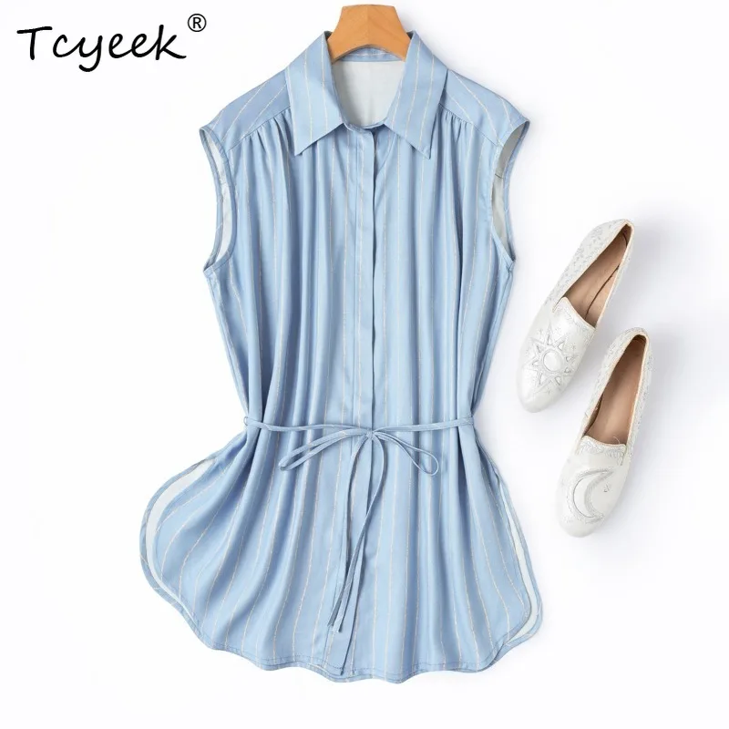 

Tcyeek 100% Real Silk Blouses for Women 2026 Summer Slimming Vertical Stripe Print Sleeveless Shirt Woman Clothing Chemise Femme