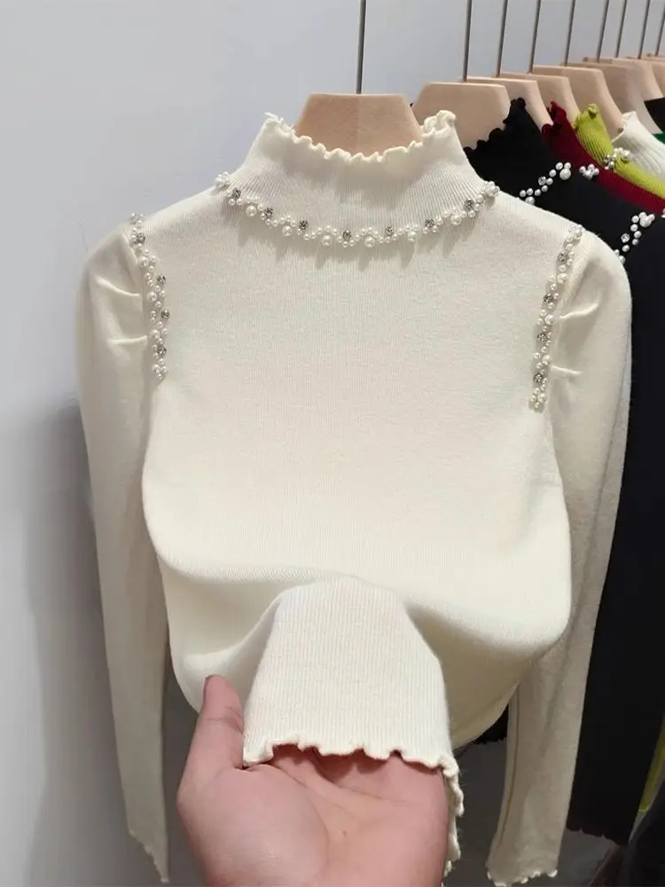 

Slim Fit Pearl Embellied f High Collar Base irt Sweater Women's Faionable Inner Wear Korean Sle Autumn Winter New ...