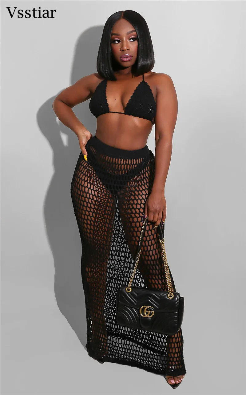 Vsstiar-mulheres crochê malha duas peças set, sexy, aberto, roupas de praia, biquíni cover-up, sutiã de férias e saias longas