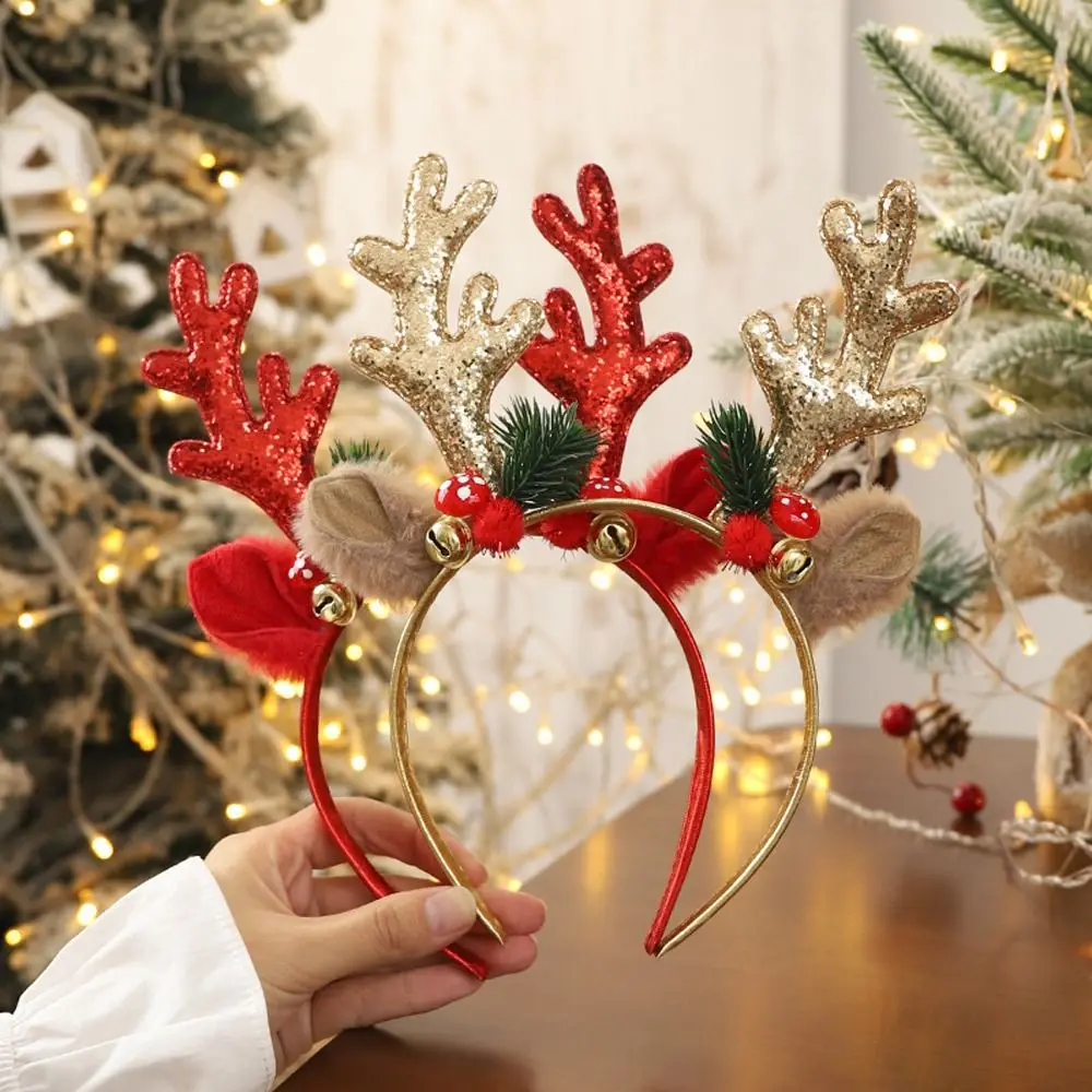 Diademas navideñas con forma de seta y cuerno de ciervo de felpa con campana para fiesta, diademas de estilo coreano, aros para el pelo para mujer con astas de alce