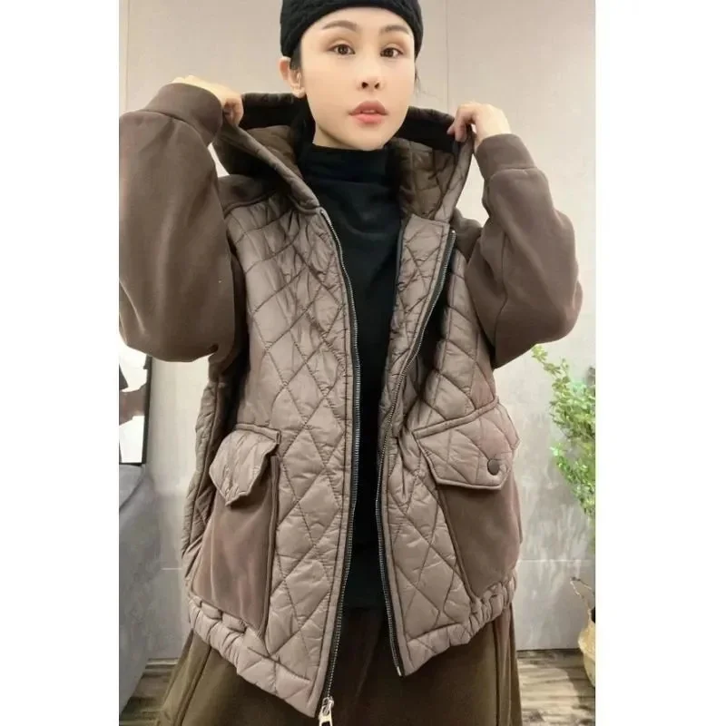 European Station Loose Hooded Spliced Down Cotton Coat Thick Coat 2023 Winter New Women Casual Fashion Warm Cardigan Cotton Coat