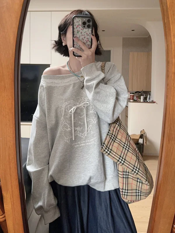 

plus Size Lace Trim Grey Asymmetrical Shoulder Hoodie Women's Autumn Winter New Style High Fashion Sweet Slimming Meat Coveri...