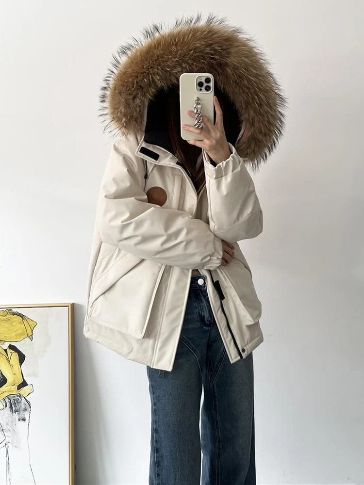 Winter New Fur Collar Snow Parka Women Thicken White Duck Down Puffer Coat Warm Jacket with Faux Fur Removable Hood Down Jackets