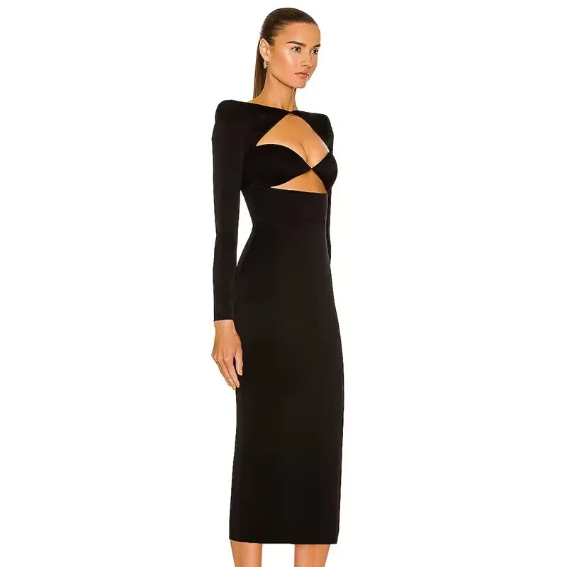 Women's  Long Sleeve Hollow Out Bandage Dress Sexy Split Mid Black Bodycon 2024 Autumn Elegant Club Evening Party Dresses