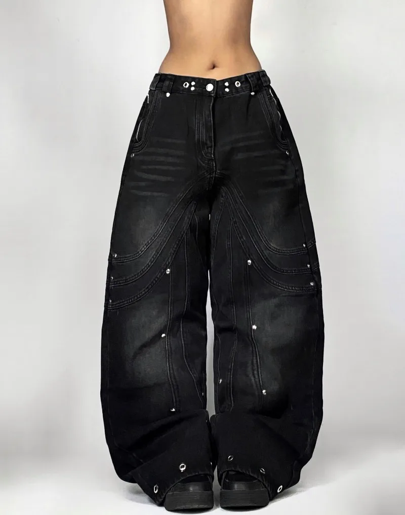 

2025 American New Fashion Black Solid Color Stitching Loose Jeans Women Y2K Harajuku Hiphop Popular High Waist Wide-leg Trousers