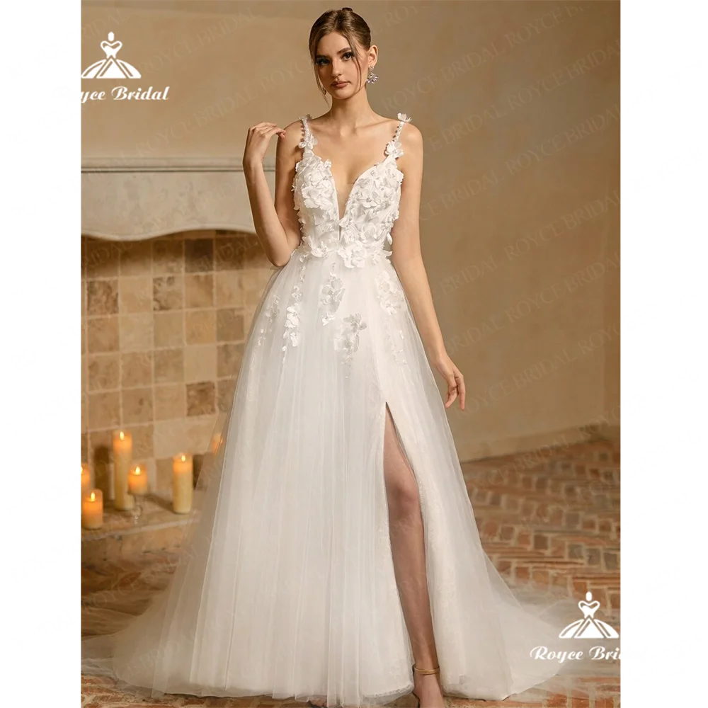 Roycebridal-vestido de novia acampanado con cuello en V, traje de boda con abertura lateral de encaje, corte en tren, 2025