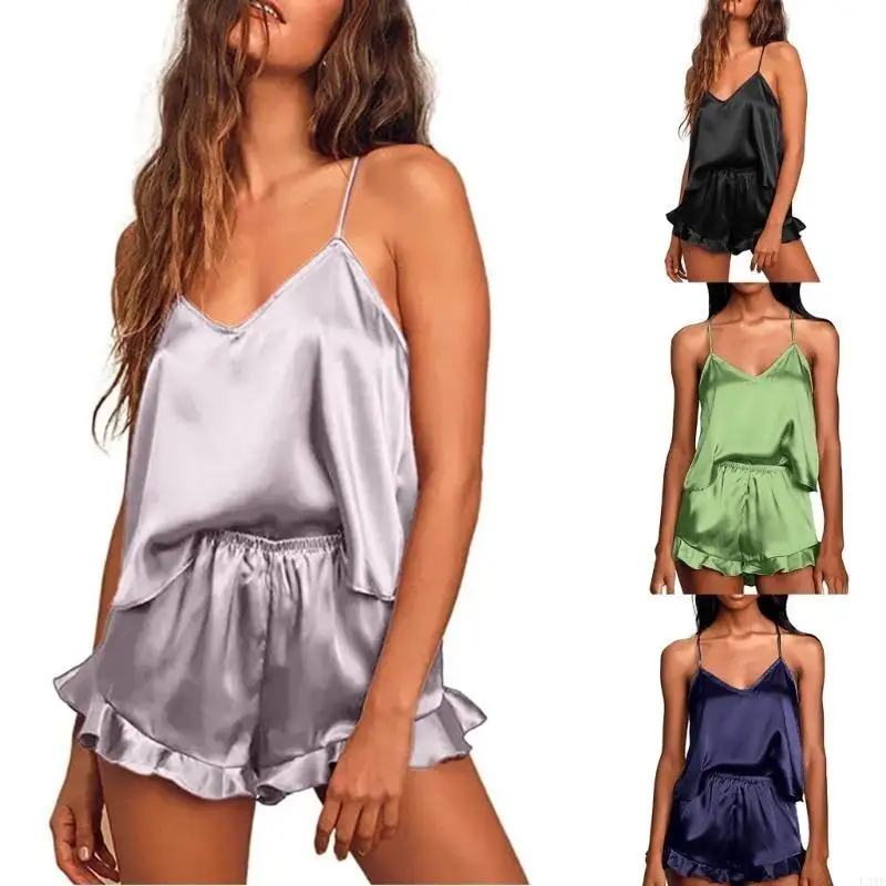 L38E Womens Satin Sleepwear V-Neck Cami Top and Ruffle Trim Shorts 2 Pieces Plain Pajamas Set