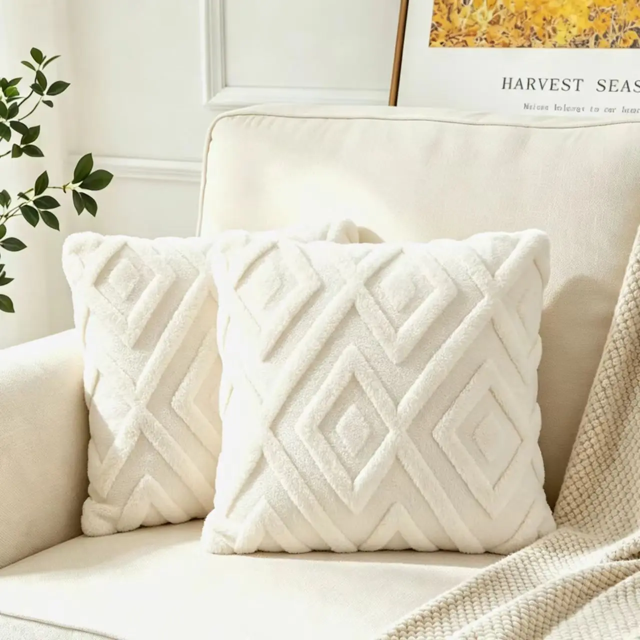 2 Pack Geometric Embossed Plush Throw Pillow Covers, Soft Square Cushion Cases, Decorative Pillow Covers for Couch Living Room
