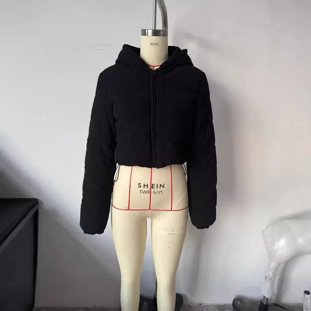 

Women's Short Hooded Corduroy Cotton Jacket European American Style Warm Fashion Bread Coat for Winter