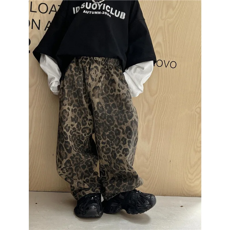 

Autumn Children Boys Jeans American Retro Leopard Prinred Toddler Boys Trousers Loose Elastic Waist Kids Baby Boy Straight Pants