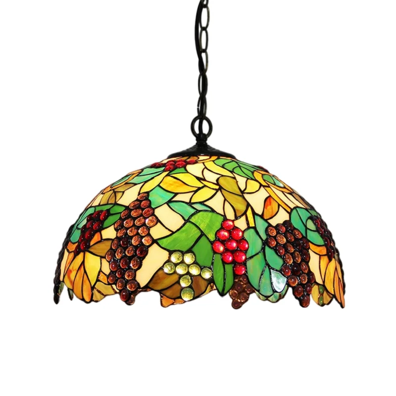 Tiffany Vintage Grape Leaf Pendant Light Stained Glass LED Decor Hanging Light Dining Living Room Bedroom Ceiling Pendant Light