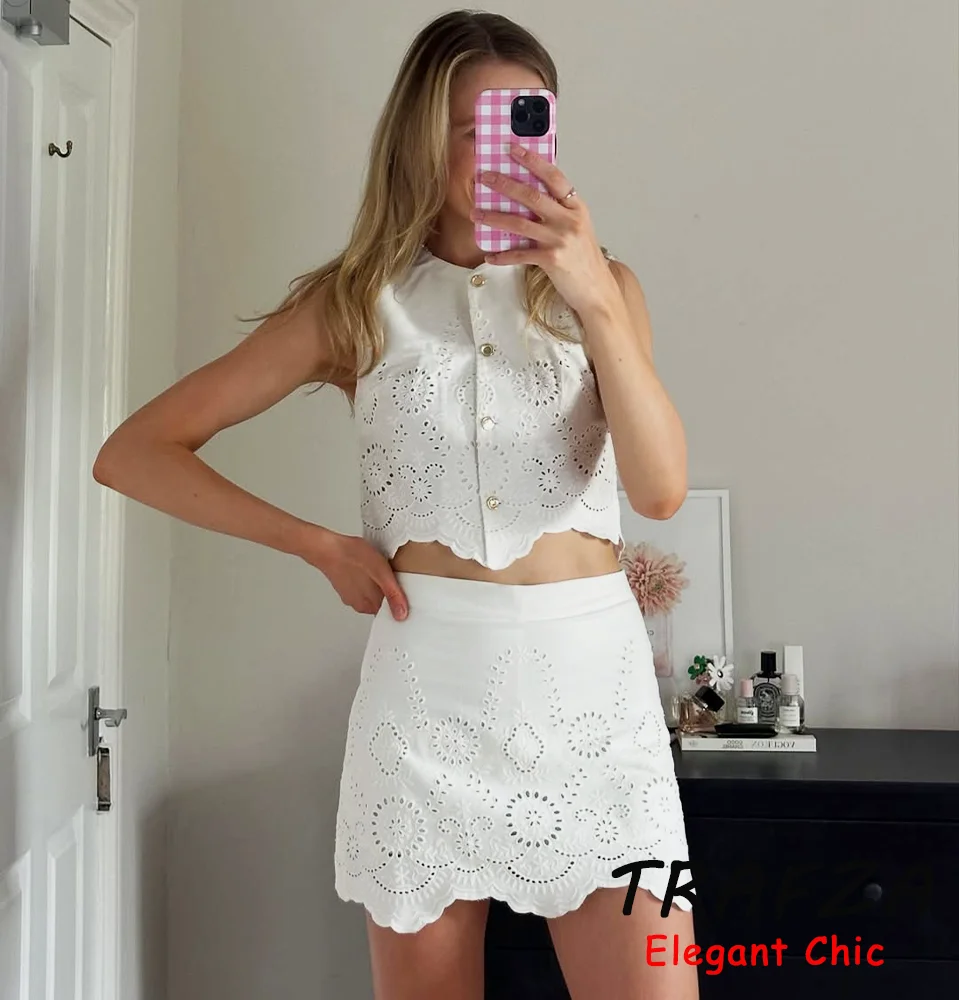 

TRAFZA High Street Chic Women Set Embroidery Hollow Out Button Vest Mini Skirt 2025 Summer Fashion Elegant Holidays Mujer Set