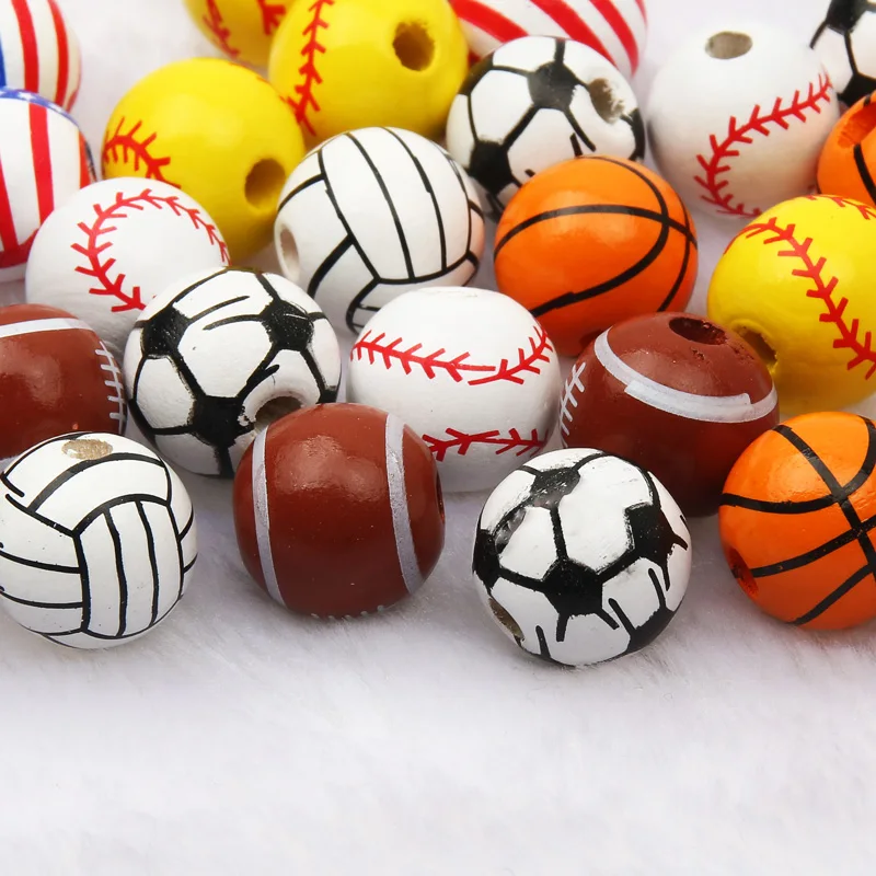 10pcs/Lot Football Wooden Beads Round Loose Spacer Beads For Handmade Necklace Bracelet DIY Jewelry Making Accessories 16mm