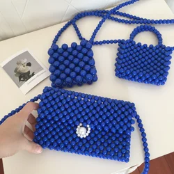 Nuova moda semplice borsa a tracolla blu reale Casual Versatile borsa a tracolla da donna con perline intrecciate a mano Mini borsa per telefono rossetto