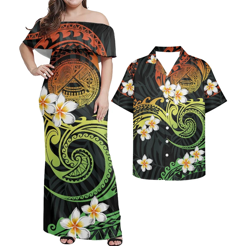 Hycool Hibiscus Print Hawaiian Gold Maxi Dresses For Women One Shoulder Bodycon Dress Matching Men Shirt Bohemian Couple Clothes