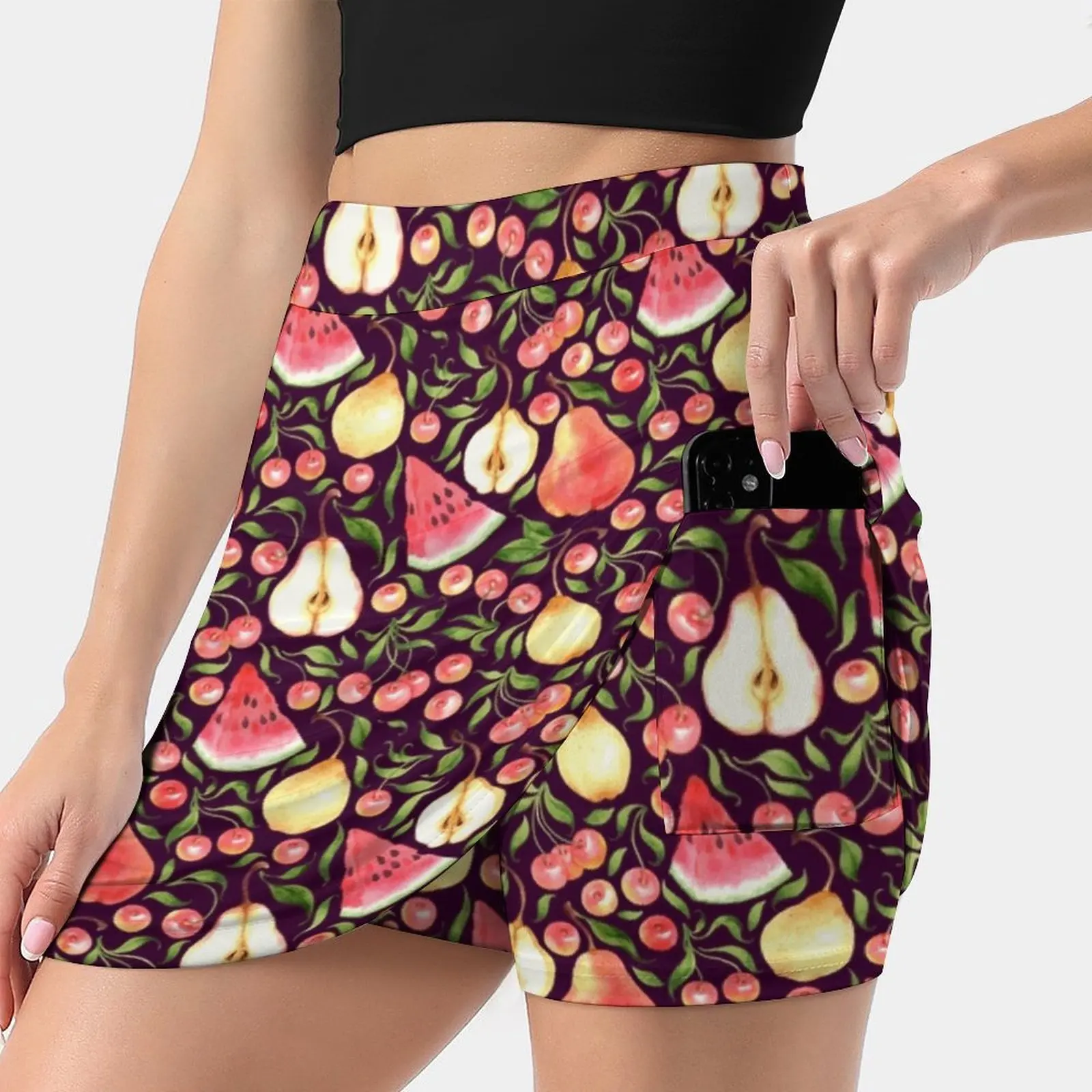 Watercolor Fruits S-4Xl Tennis Skirts Golf Fitness Athletic Shorts Skirt With Phone Pocket Watercolor Pattern Fruit Summer