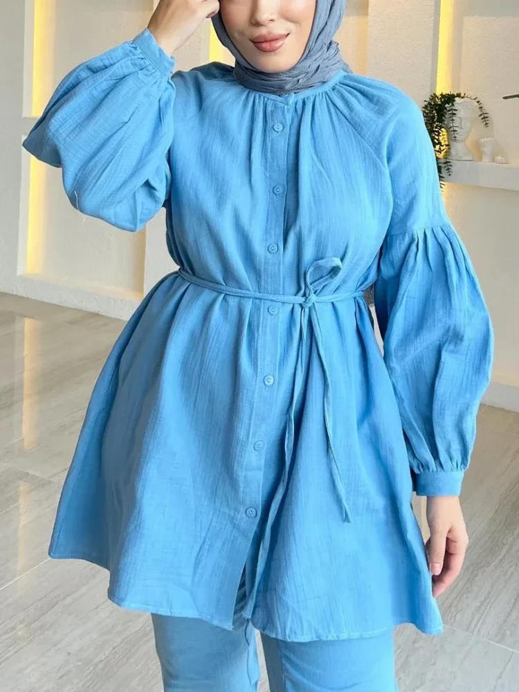 Women Eid Muslim Sets Two Pieces Musulman Ensemble Dubai Arab Single Breasted Blouses Wide Leg Pants Solid Color Belt Button