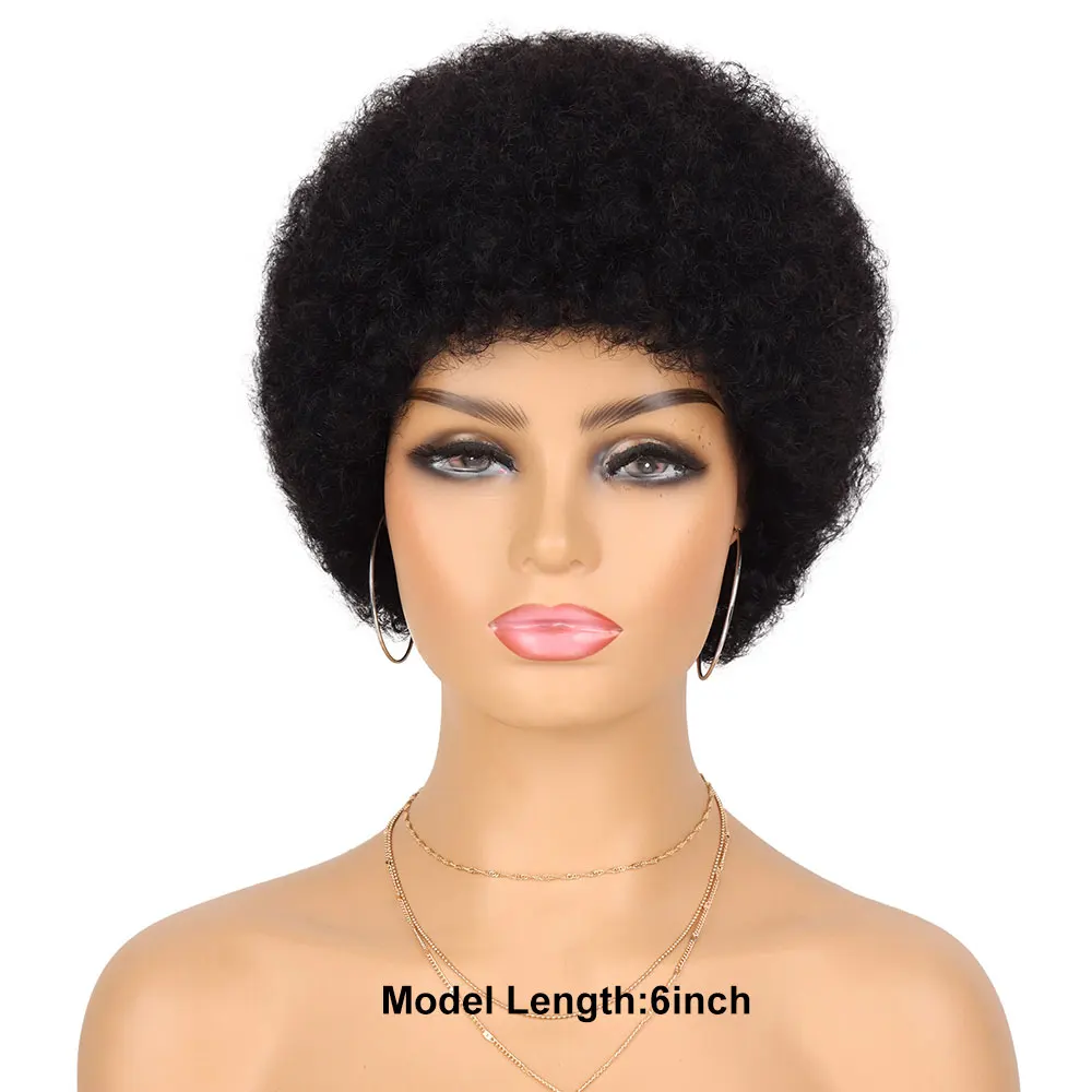 Short Afro Kinky Curly Human Hair  Wig for Women Fluffy Hair Short Pixie Curly Retro Style Cheap Human Hair Wig Full Machine Wig