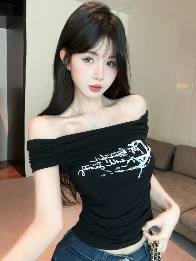 

Retro American Print Pleated One Shoulder Sleeveless Top Women Summer Spicy Short Sleeve T-Shirt Slim Fit Citywalk Style