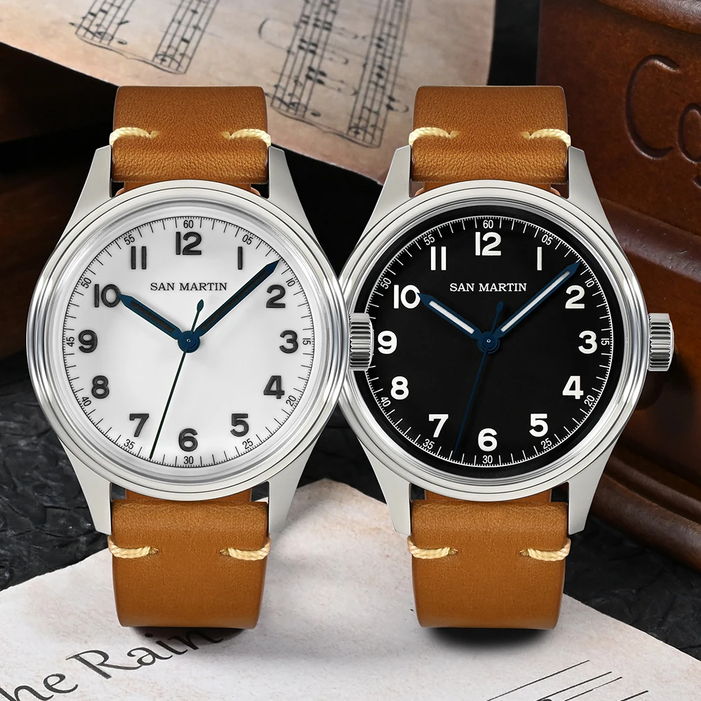 San Martin 38.5mm Vintage Pilot NH35 Military Style Simple Men Automatic Mechanical Wristwatch Sapphire 10Bar Leather Strap