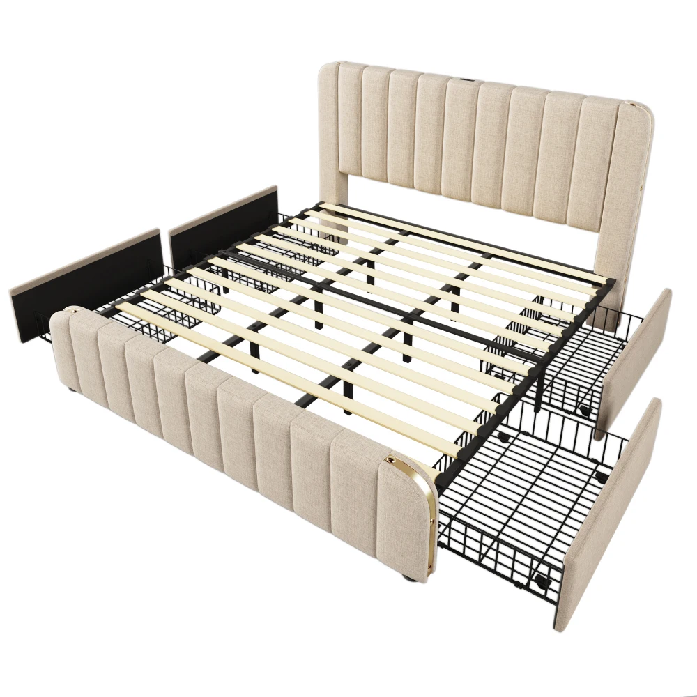 PINGGO Gepolstertes Doppelbett 180x200cm Beige Leinen-Kopfteil Goldene Dekorative Streifen USB Typ-C-Ladefunktion 4 Schubladen Ohne Matratze – Detail 13