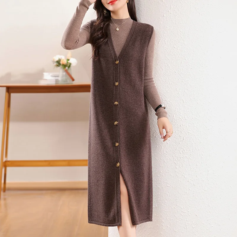 Long Wool Cardigans 100% Wool Women Knitwears New Fashion Pullovers  Ladies Cashmere Vests 2024 Autumn And Winter Vests