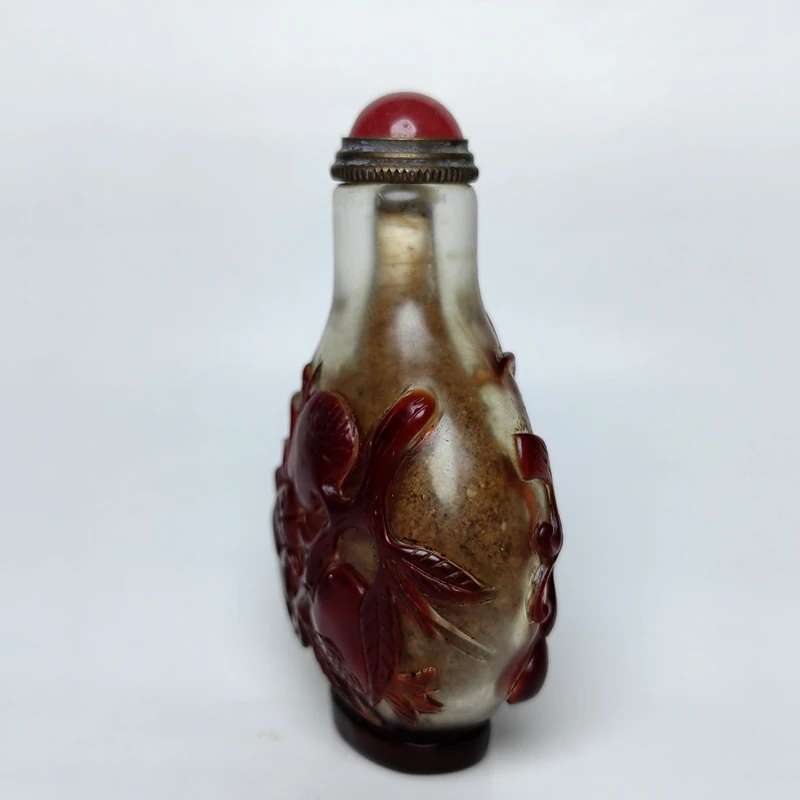 YIZHU CULTUER ART Size 3 Inch Chinese Old Beijing Glaze Carving Cricket Pomegranate Statue Snuff Bottle Collection