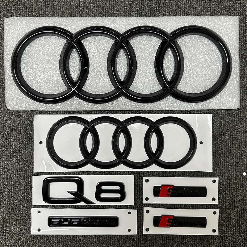 Emblema de 4 anillos AUDI en ABS negro para capó delantero, parrilla, maletero trasero, adhesivo para AUDI Q8 2018-2024, modelos 1P Q8, 1P Quattro, 2P Sline