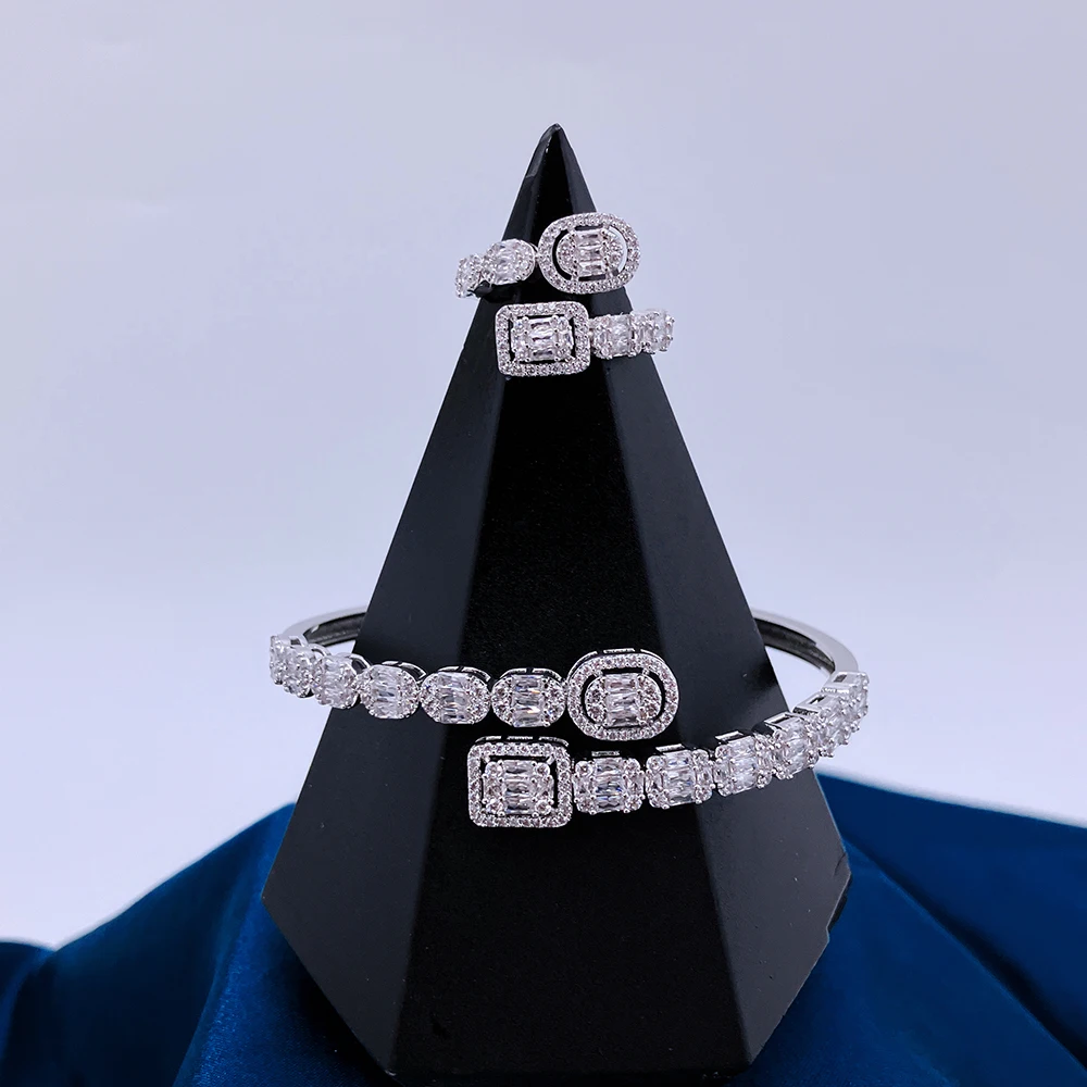 InJewelife Trendy Cubic Zircon Shell Bangles Bracelets with Ring Luxury Jewelry Set for Women Gold Plated Bracelet Jewellery