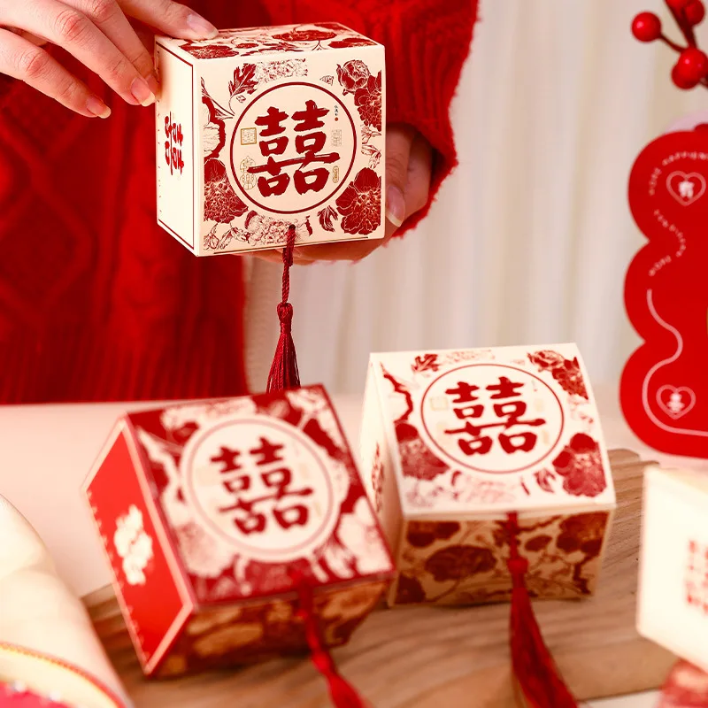 10pcs Retro Red Chinese Style Candy Boxes Wedding Gifts for Guests Mariage Paper Chocolate Packaging Box Boite Gateau Mariage