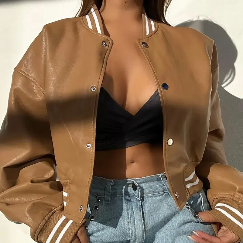 

Women's Autumn Winter New Long Sleeved Motorcycle Fashion PU Leather Jacket Solid Color Button Coat Куртка Женская Outerwears